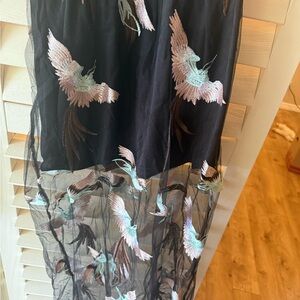 Chic Black Maxi Skirt with Bird Embroidery